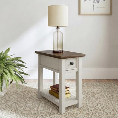 Signature Design by Ashley Bolanburg Narrow End Table, Charging Station | Slim 14-inch profile with USB charging, Wood, White oak veneers and engineered wood, Farmhouse style for small living rooms - color: Dark Brown & White
