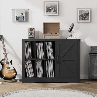 Vinyl Record Player Stand with Storage, 39.4" Farmhouse Turntable Stand Cabinet with Barn Door, Holds 750+ LP Albums, Wooden Stereo Cabinet & Media Console Display Shelf for Living Room, Black