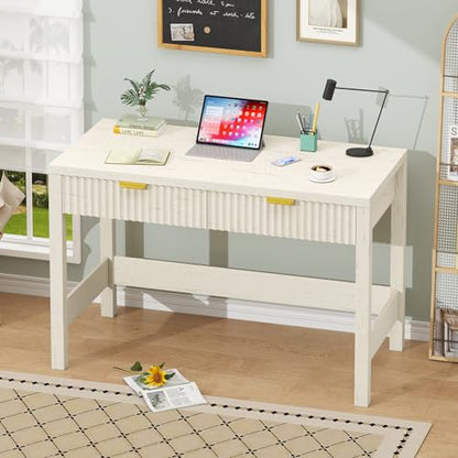 YOMILUVE Fluted Computer Desk with 2 Drawers, 39 Inch Small Computer Desk with Storage, Compact Writing Study Vanity Desk for Small Spaces, White - color: White