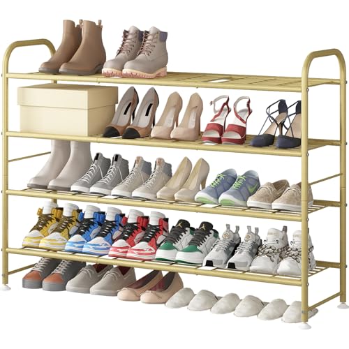 LINZINAR 4 Tier Long Shoe Rack for Closet Metal Shoe Organizer for Entryway | Spacious design stores 25+ pairs of shoes,durable metal frame,space-saving organizer for closet, hallway, and Entryway Gold - color: Gold, size: 4-Tier