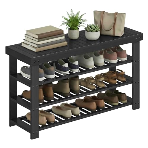 SONGMICS Shoe Rack Bench, 4 Tier Bamboo Shoe Storage Organizer, Entryway Bench, for Living Room, Bathroom, Bedroom, 11.3 x 35.2 x 20.5 Inches, Ink Black ULBS390BH01 - color: Ink Black, size: 11.3"D x 35.2"W x 20.5"H, style: Without Cushion