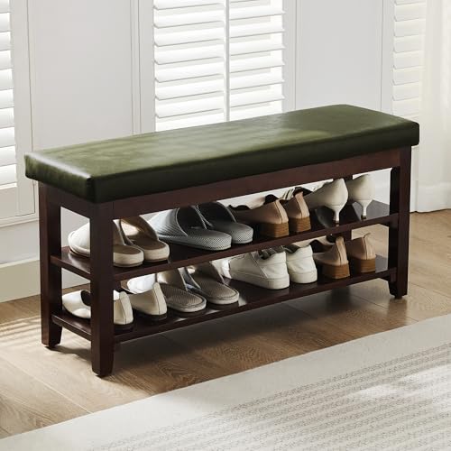 40" Shoe Bench with Leather Cushion, 2-Tier Shoe Rack Entryway Bench, Wood Bench for Front Door Entrance, Mudroom, Hallway, Wooden Shoe Shelves, Shoe Organizer, Shoe Storage, Green - color: Green