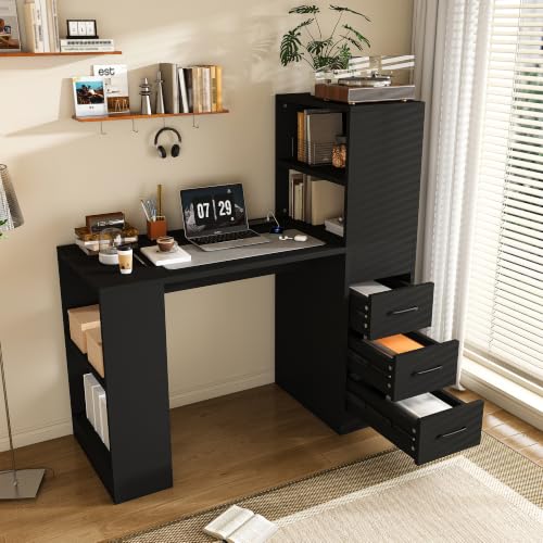 43 Inch Computer Desk with Power Outlets, Small Computer Desk with 3 Slide Drawers, L Shaped Black Office Desk with 4 Storage Shelves, Gaming, Corner Work Desk for Home Office, Study - color: Black