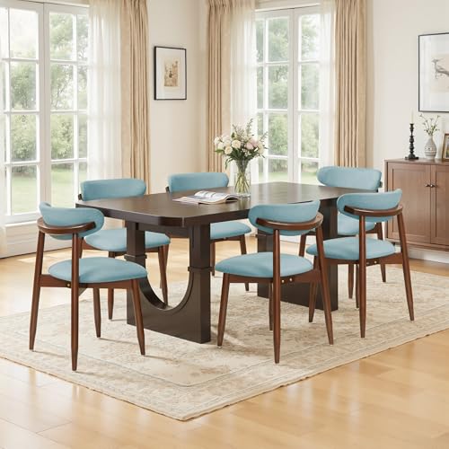 CHUN YI Dining Chairs Set of 6, Upholstered Solid Wood Dining Room Chairs, Mid Century Modern Fabric Kitchen Chairs with Ergonomic Curved Back, Blue (Only Chairs) - color: Blue, size: Set of 6