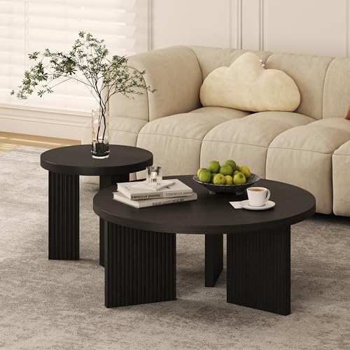 Nesting Coffee Table Set of 2, Black | Modern Wooden Coffee Table, Circle Tea Table and End Table Set, Accent Center Tables for Living Room, Office - color: Black, style: Coffee Table Set of 2