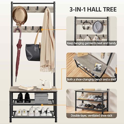 Yaheetech 3-in-1 Hall Tree Bench and Shoe Storage, Entryway Coat Rack, Gray | Easy setup, 275-lb metal-frame bench, 9 movable hooks, 2-tier shoe rack, fits narrow apartment entryways and hallways - color: Grey, size: 28.5'' W