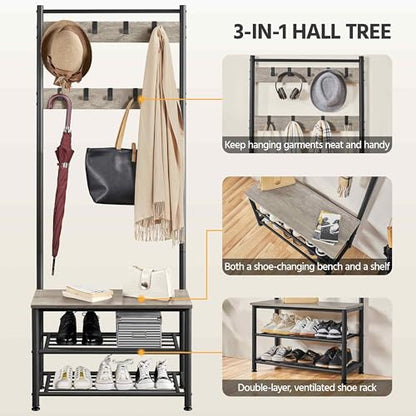 Yaheetech 3-in-1 Hall Tree Bench and Shoe Storage, Entryway Coat Rack, Gray | Easy setup, 275-lb metal-frame bench, 9 movable hooks, 2-tier shoe rack, fits narrow apartment entryways and hallways - color: Grey, size: 28.5'' W