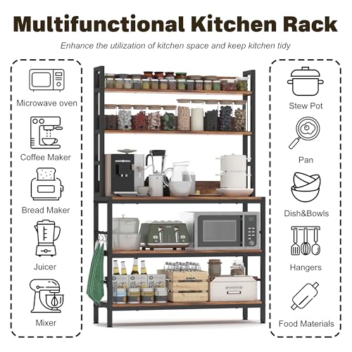 Kitchen Bakers Rack with Storage Shelves,5-Tier Free Standing Storage Shelf Rack with Hooks,Industrial Microwave Stand Shelf for Dining Room - size: without power outlet