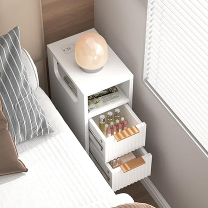 Narrow Side Table with Charging Station, Skinny Fluted Nightstand, White | 7.9" Wide, 24.4" H, 2 Drawers, Solid Wood Feet, Open Shelf, Slim End Table for Small Spaces, Bedroom - color: White-1 Pcs
