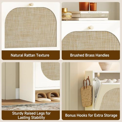 Freestanding Ultra Slim Arched Rattan Accent Shoe Storage Cabinet for Entryway - 4 Flip Drawers & 3-Tier Adjustable Shelves, Farmhouse Modern Rustic Shoe Rack for Hallway Foyer,Cloud White - color: Cloud White