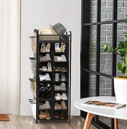Simple Houseware 16 Cube Shoe Stand Tower Rack 8 Tier, Black | Top Shelf and Side Hanging Pockets - color: Black