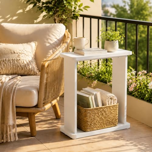 Narrow Side Table for Small Spaces, 7.9" Slim End Table with 2-Tier Open Storage Shelf, Modern Skinny Wood Sofa Table for Living Room, Bedroom, Nightstand, Couch(White) - color: White
