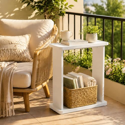Narrow Side Table for Small Spaces, 7.9" Slim End Table with 2-Tier Open Storage Shelf, Modern Skinny Wood Sofa Table for Living Room, Bedroom, Nightstand, Couch(White) - color: White