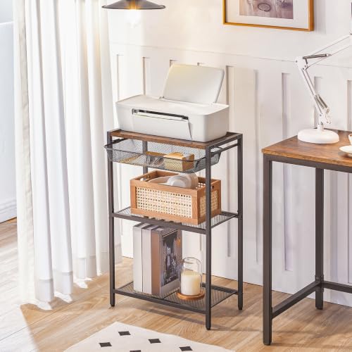 HOOBRO 28.7 Inch Tall Side Table, 3-Tier Industrial Telephone End Table with Adjustable Metal Mesh Basket, Desk Side Table with Storage Shelves, for Living Room, Bedroom, Rustic Brown BF06DH01 - color: Rustic Brown + Black