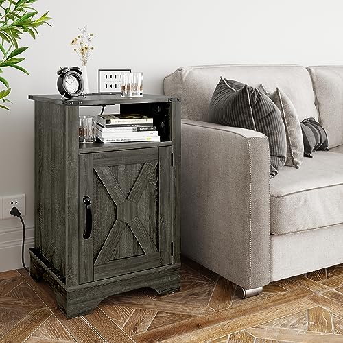 FansaFurn Farmhouse End Table with Charging Station for Bedroom | Dark Grey Nightstands with Storage Cabinet and Shelf for Living Room, Living Room - color: Dark Grey, size: 16" D x 16" W x 25" H (Set of 1)