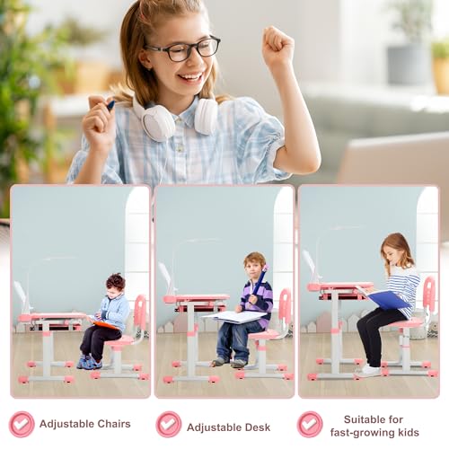 Rengue Kids Desk and Chair Set, Height Adjustable Children School Functional Study Desk with 55° Tiltable Desktop, 3 Modes & Brightness LED Light, Storage Drawer & Metal Hook for Boys Girls (Pink) - color: Pink