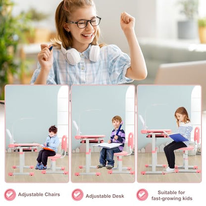 Rengue Kids Desk and Chair Set, Height Adjustable Children School Functional Study Desk with 55° Tiltable Desktop, 3 Modes & Brightness LED Light, Storage Drawer & Metal Hook for Boys Girls (Pink) - color: Pink