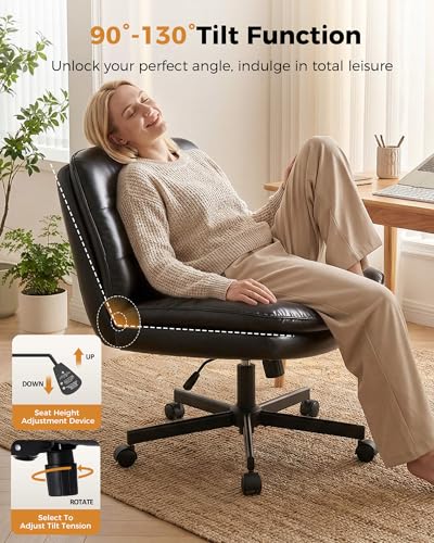 COMHOMA Cross Legged Office Chair with Wheels Armless Office Desk Chair, Modern Vanity Computer Task Chairs for Home Bedroom, Comfortable Wide Seat for Lower Back Pain Relief, PU Leahter, Black - color: Matte-black