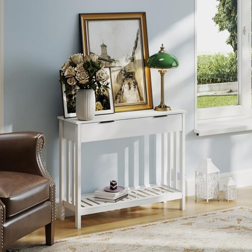 TaoHFE White Narrow Console Table with Drawer Storage Shelf, Modern Wooden Entryway Sofa Table, 39 Inch Slim Behind Couch Table, Side Display Console Table for Living Room,Office,White - color: White