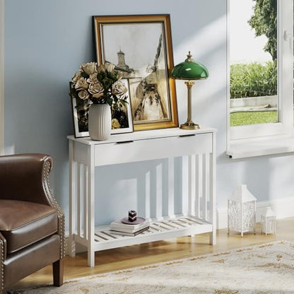 TaoHFE White Narrow Console Table with Drawer Storage Shelf, Modern Wooden Entryway Sofa Table, 39 Inch Slim Behind Couch Table, Side Display Console Table for Living Room,Office,White - color: White