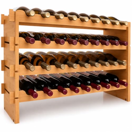NutriChef 36 Bottle Wine Rack Stackable Bamboo Freestanding, 4-Tier Modular Shelf, Sturdy Wobble Free, Upgraded 2026 Design, Easy No-Tool Assembly for Kitchen, Cellar or Bar Storage 33.5" x 10" x 21" - size: 36 Bottle
