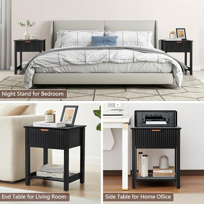 Modern Night Stand Set 2 with Drawer, Black Nightstand for Bedroom, Small End Table with Storage, Living Room/Bed Side Table with Drawer for Small Spaces, Fluted Nightstand Set of 2 - size: 2