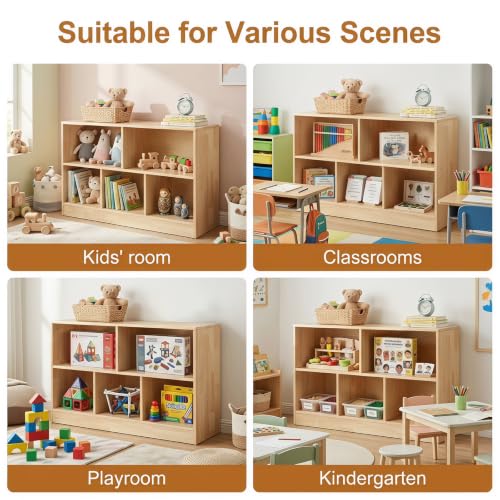 Montessori Toy Storage Organizer,Rubber Wood Kids Storage Bookshelf with 5 Compartments,Wooden Kids Storage Bookcase Cabinet for Toddler Playroom, Bedroom (Natural, 2-Tier, Rectangular-Medium)