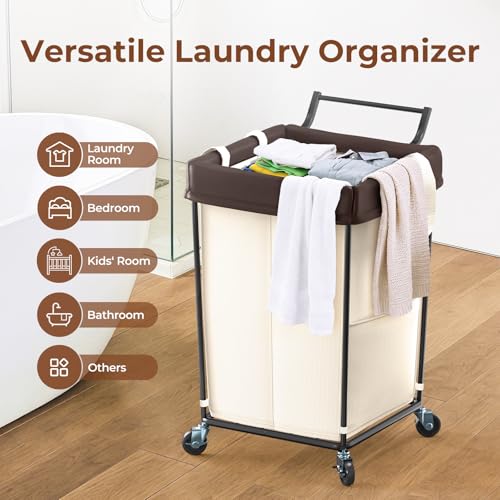 Mefirt 160L Laundry Hamper with Wheels and Handle, 2 Section Large Rolling Laundry Basket Bag with Wheels, Clothes Hamper Cart for Laundry, Bedroom, Bathroom and Dorm - color: Beige