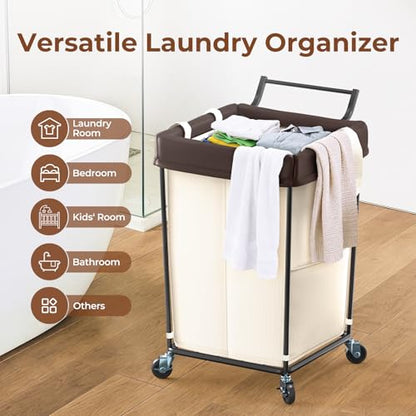 Mefirt 160L Laundry Hamper with Wheels and Handle, 2 Section Large Rolling Laundry Basket Bag with Wheels, Clothes Hamper Cart for Laundry, Bedroom, Bathroom and Dorm - color: Beige