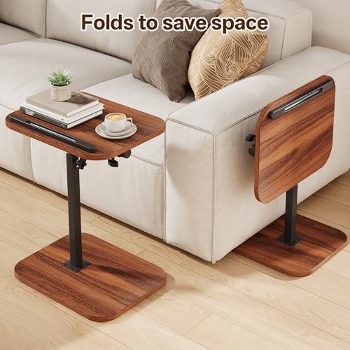 TV Tray Table, C Shaped End Table | Adjustable Height, Flip-Top, Snack Side Table with 360° Swivel and 180° Tilt, for Couch, Sofa, Bed, Recliner, Walnut - color: Walnut