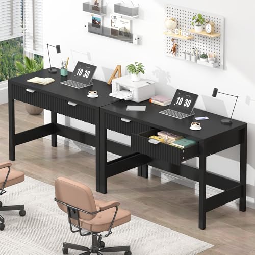 YOMILUVE Fluted Computer Desk with 2 Drawers, 39 Inch Small Computer Desk with Storage, Compact Writing Study Desk for Small Spaces, Black - color: Black