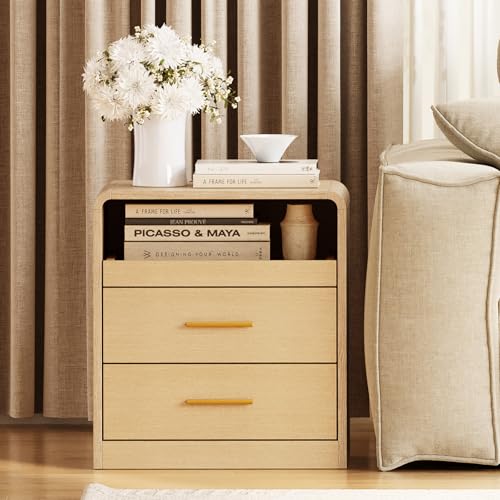 20” Wide Modern Nightstand with Charging Station,2 Drawer End Table with Pull-Out Shelf,Curved Profile Design,Wood Side Table for Bedroom