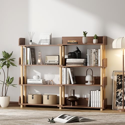 4 Tier Retractable Rotatable Bookcases, Wooden Corner Book Shelf, Storage Rack for CDs,Movies,Books, Rustic Brown Bookcase, Utility Organizer Shelves for Living Room Home Office