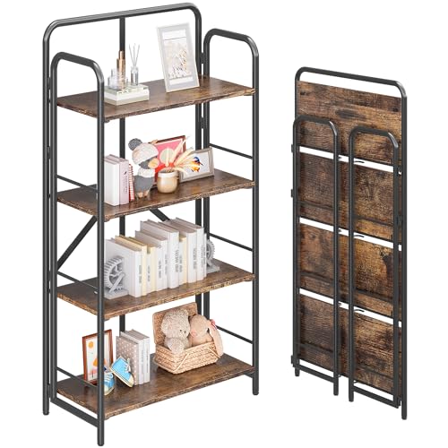 4NM No Assembly Folding Bookshelf, 4 Tiers Collapsible Book Shelves Open Industrial Foldable Storage Bookcase Shelf for Bedroom, Living Room, Home Office - Rustic Brown and Black - color: Rustic Brown and Black, size: 4 Tiers