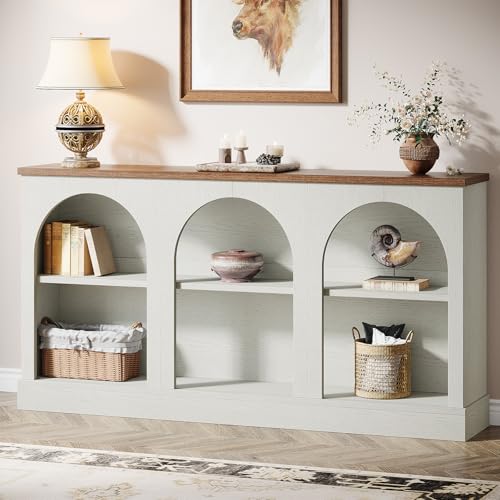 Tribesigns Farmhouse Console Table, 63-Inch Long Entryway Table with 3 Tier Storage, Wooden Rectangular Sofa Table Behind The Couch for Entrance, Hallway, Living Room, Off-White and Brown - color: Off-white and Brown