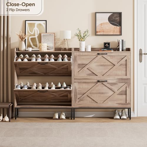 Nicetree Shoe Cabinet with 2 Flip Drawers，Freestanding Shoe Storage Cabinet, Narrow Shoe Organizer Cabinet, Farmhouse Slim Shoe Rack Cabinet for Entryway,Toasted Oak - color: Toasted Oak