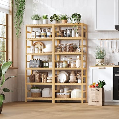 FOTOSOK 6-Tier Bamboo Shelf with Adjustable Shelves, Bamboo Kitchen Cabinet | Tall Bamboo Bookshelf and Plant Shelf with 250-lb Shelf Capacity for Laundry Bathroom Kitchen Pantry Home Office - color: Natural