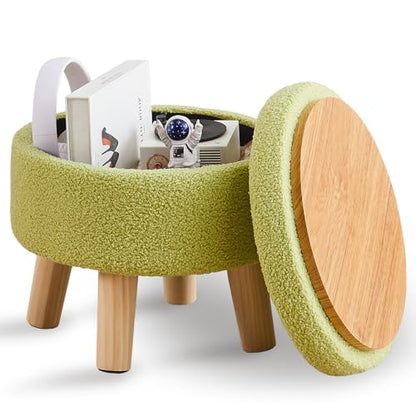 Wimarsbon Storage Ottoman, Modern Round Footrest with Soft Padded Seat, Teddy Velvet Footstool with Wood Legs, Accent Small Table or Plant Stand for Hallway, Living Room (Brilliant Green) - color: Brilliant Green