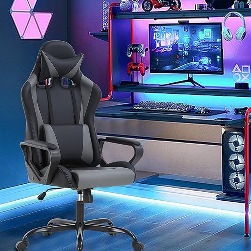 PayLessHere Ergonomic Racing Desk Chair Gaming Chair Computer Chair with Armrests 360° Swivel & Caster Pu Desk Task Chair Executive Headrest Lumbar Support for Back Pain Women Men and Adults (Grey) - color: Grey