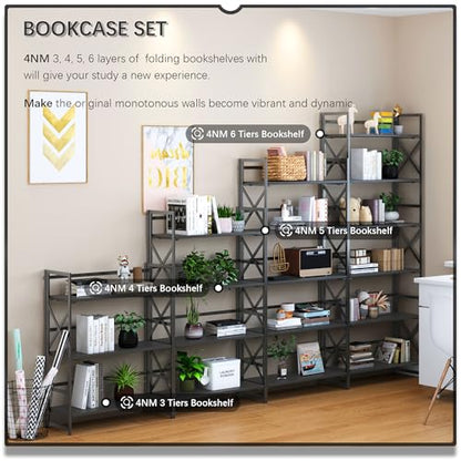 4NM 6 Tiers No Assembly Book Shelves, 61.8" H Folding Bookshelf Bookcase Open Industrial Foldable Shelves for Bedroom, Living Room, Home Office - All Black - color: All Black, size: XX 6-Tier