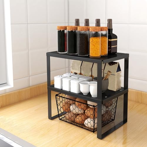 Stackable Cabinet Shelf Organizer Counter Storage Spice Rack Metal Space Saving for Kitchen Pantry Cupboard Countertop Bathroom Bedroom Under Sink Office, Black - Medium - size: Medium, Pack 1