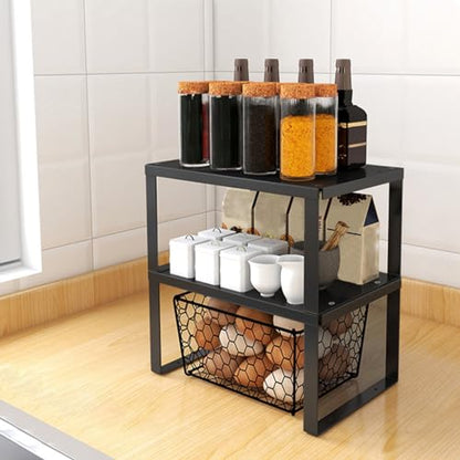 Stackable Cabinet Shelf Organizer Counter Storage Spice Rack Metal Space Saving for Kitchen Pantry Cupboard Countertop Bathroom Bedroom Under Sink Office, Black - Medium - size: Medium, Pack 1