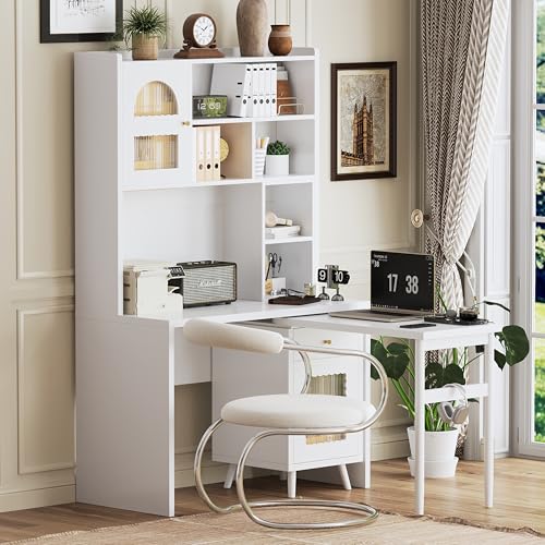 Wooden Computer Gaming Desk with 90 Degree Rotating Desktop, Study Writing Desk with Open Shelves, Storage Drawer and Cabinets, Work Desk for Home Office Bedroom Living Room (White-03) - color: White-03