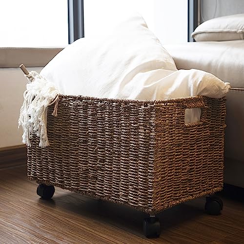 PEMAR Set of 2 Nesting Natural Wicker Rolling Storage Baskets on Wheels with Insert Handles, Under Table Under Desk Woven Storage Bins, Mobile File Cabinet Organizer, Seagrass, Sizes M and L