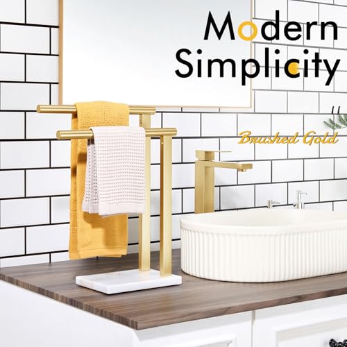 KOKOSIRI Hand Towel Rack Standing Towel Rails 2-Tier with Marble Base for Bathroom Vanity Countertop, Brushed Gold Stainless Steel 15.7'' Height THS0007-BG - color: Brushed Gold, size: 2-Bar