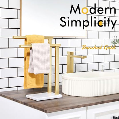 KOKOSIRI Hand Towel Rack Standing Towel Rails 2-Tier with Marble Base for Bathroom Vanity Countertop, Brushed Gold Stainless Steel 15.7'' Height THS0007-BG - color: Brushed Gold, size: 2-Bar