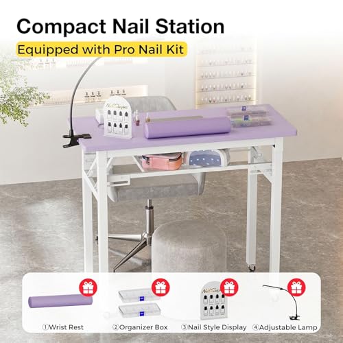 Portable Foldable Manicure Table with Dust Collector, Rolling Nail Tech Desk with LED Lamp, Wrist Rest, Lockable Wheels & Carrying Case for Home Salon, Travel & Mobile Nail Techs (Purple) - color: Purple