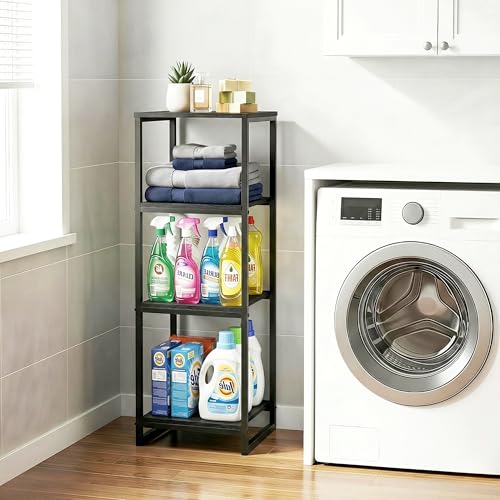 4-Tier Bathroom Shelving Unit, Narrow Corner Slim Rack, Black | 33.7"H, Metal Frame, Wood Finish Shelf, for Laundry Room, Kitchen, Living Spaces, Sturdy Build - size: 4-Tier