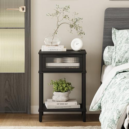 Nightstand Wooden Bedside Table with Drawer Black Night Stands Modern Style Small End Table Side Table with Storage Shelf for Bedroom Living Room MLBZ10B - color: Black
