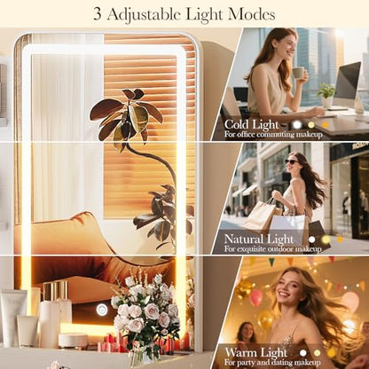 Memobarco Small Vanity Desk with Mirror and Lights, Makeup Vanity with Drawer & Storage Shelves, Vanity Desk with 3 Lighting Modes & Adjustable Brightness, Dressing Table for Women Girls Bedroom,White - color: White